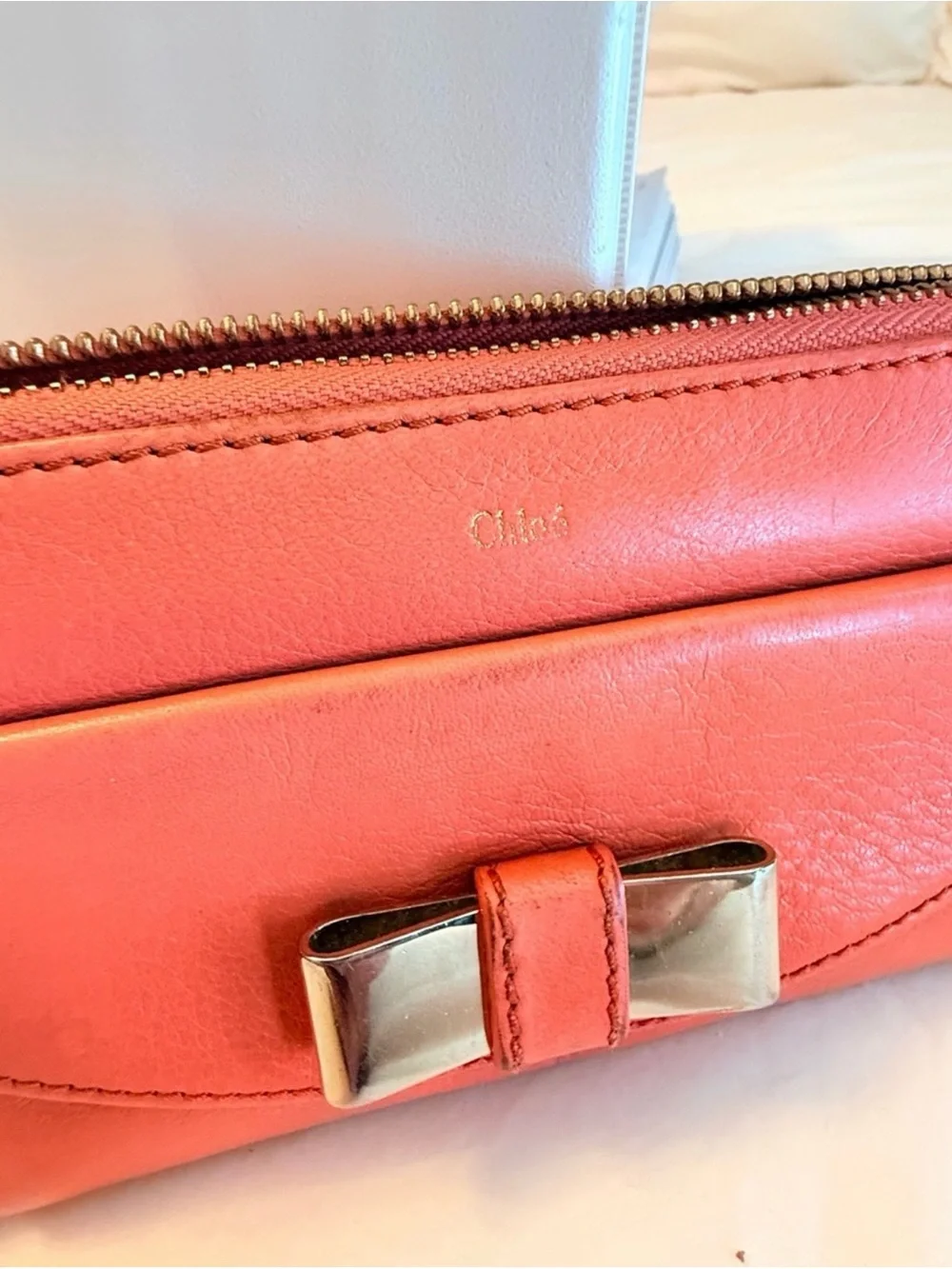 Chloe Coral Pink Leather Zip Clutch Wallet with Silver Bow Accent EUC